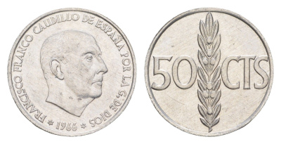Испания 50 сентимо 1966 (70) Франсиско Франко KM 795 алюминий UNC 4611-435