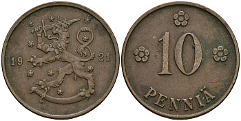 Финляндия 10 пенни 1921 республика (1918-1962) KM 24 медь 08-1112