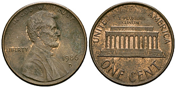 США 1 цент 1986 D, Линкольн KM 201b цинк плакированный медью 4136-316