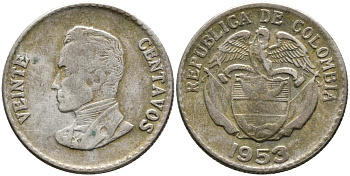 КОЛУМБИЯ 20 СЕНТАВО 1953 В, СИМОН БОЛИВАР, ПРОБА 300 KM 213 серебро 4529-844