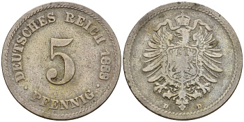 Германия 5 пфеннигов 1888 D, старогербовка KM 3, J. 3 медно-никель 4151-361