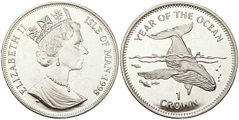 Остров Мэн 1 крона 1998 год океанов, горбатый кит, Елизавета II (1952-2022) KM 897 медно-никель BU 1085-9-34