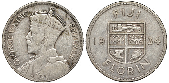 Фиджи 1 флорин 1934 Георг V (1910-1936), герб Фиджи KM 5 серебро 91-1233