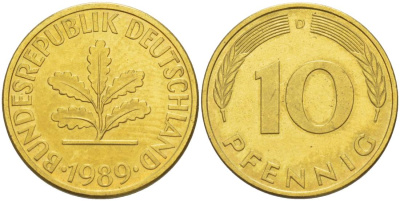 ФРГ 10 ПФЕННИГОВ 1989 D KM 108, J. 383 сталь плакированная латунью 219-544