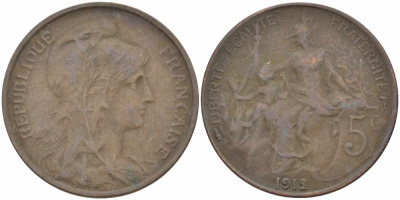 ФРАНЦИЯ 5 САНТИМОВ 1912 ТИП ДАНИЭЛЬ ДЮПЮИ KM 842, LE FRANC 119.24 бронза 108-941