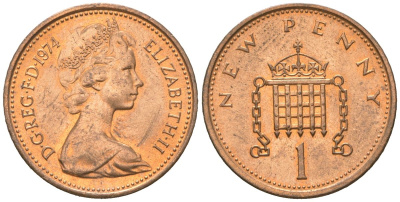 Великобритания 1 новый пенни 1974 Елизавета II (1952-2022) KM 915, Spink 4237 (B1) бронза UNC 4151-318