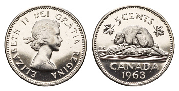 Канада 5 центов 1963 Елизавета II (1952-2022), бобр KM 57 никель PROOF-LIKE (BU) 413-3025