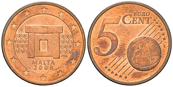 Мальта 5 евроцентов 2008 F KM 127 сталь плакированная медью UNC 4548-136