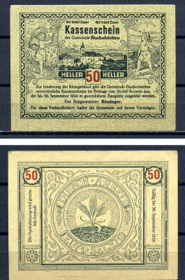 Бишофштеттен (Австрия) 50 геллеров 1920 Jaksc/Pick?JPR0092a-10 бумага aUNC 7556-32-4-1