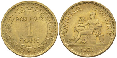 ФРАНЦИЯ 1 ФРАНК 1921 ТИП CHAMBRES DE COMMERCE KM 876, LE FRANC 218.3 алюминиевая бронза 3853-142
