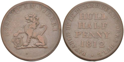 Великобритания 1/2 пенни 1812 Йоркшир - Халл Withers 785, Davis 95 медь 1518-1533