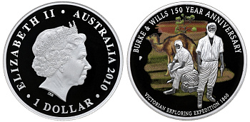 Австралия 1 доллар 2010 экспедиция Берка и Уиллса, цветная эмаль, коробка, сертификат серебро PROOF 4-3-5-05