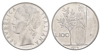 Италия 100 лир 1974 R, Афина у оливкого дерева KM 96.1 нержавеющая сталь 4633-754