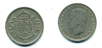 Испания 5 песет 1975 (78) Хуан Карлос I (1975-2014) KM 807 медно-никель 25-2043