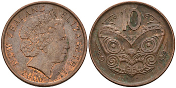 Новая Зеландия 10 центов 2006 Елизавета II (1952-2022), маска маори KM 117а сталь плакированная медью 117-1245