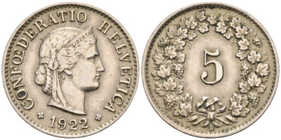 Швейцария 5 раппенов 1922 В KM 26 медно-никель 4549-553
