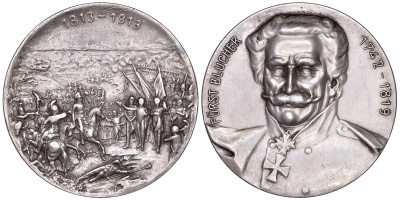 Германия медаль 1913 Гебхард Леберехт Блюхер, победитель Наполеона при Ватерлоо 1815 г., к 100 летию битвы при Лейпциге, 89,65 гр., диаметр 60 мм  серебро  00-00