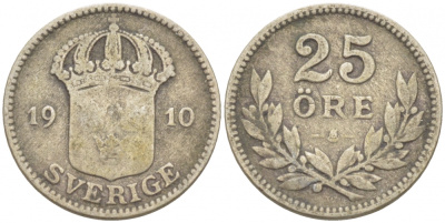 Швеция 25 эре 1910 W, Густав V (1907-1950), LARGE CROSS KM 785 серебро 3309-852