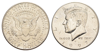 США 1/2 доллара (50 центов) 1997 D, Джон Кеннеди KM A202b медь плакированная медно-никелем aUNC 4389-912