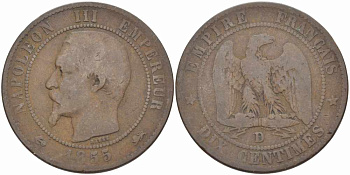 ФРАНЦИЯ 10 САНТИМОВ 1855 D, НАПОЛЕОН III (1852-1870) KM 771.4, LE FRANC 133.25 бронза 38-1042