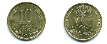 ЧИЛИ 10 ПЕСО 2010 ГЕНЕРАЛ БЕРНАРДО О ХИГГИНС KM 228.2 никель-бронза 37-1032