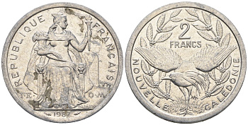 Французская Новая Каледония 2 франка 1987 птица кагу, (IEOM) KM 14, Schoen 11, Lec 64 алюминий    08-1243