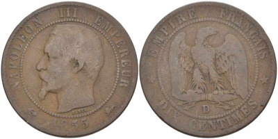 ФРАНЦИЯ 10 САНТИМОВ 1855 D, НАПОЛЕОН III (1852-1870) KM 771.4, LE FRANC 133.25 бронза 38-1042
