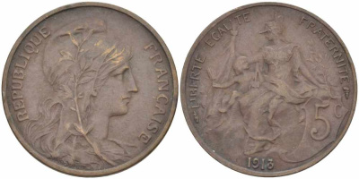 ФРАНЦИЯ 5 САНТИМОВ 1913 ТИП ДАНИЭЛЬ ДЮПЮИ KM 842, LE FRANC 119.25 бронза 108-943