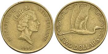 Новая Зеландия 2 доллара 1990 Елизавета II (1952-2022), большая белая цапля KM 79 алюминиевая бронза 81-416