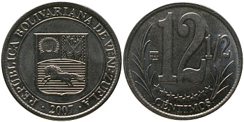 Венесуэла 12 1/2 сентимо 2007 KM 90, Schon 103 сталь плакированная никелем 4525-1157
