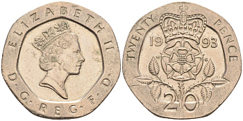 Великобритания 20 пенсов 1993 Елизавета II (1952-2022) KM 939, Spink 4361 (G2) медно-никель 4116-823