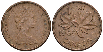 Канада 1 цент 1965 Елизавета II (1952-2022), кленовый лист KM 59.1 бронза 4609-126
