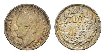 Нидерланды 10 центов 1939 Вильгельмина I (1890-1948) KM 163 серебро 4625-1127