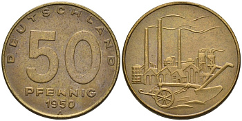 ГДР 50 пфеннигов 1950 А, фабрика KM 4 алюминиевая бронза 4575-517