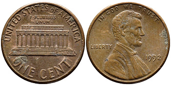 США 1 ЦЕНТ 1992 ЛИНКОЛЬН KM 201b цинк плакированный медью 4178-264