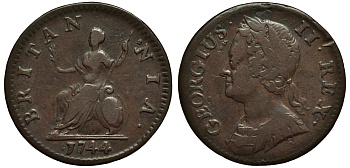 Великобритания 1 фартинг 1744 Георг II (1727-1760) KM 581.1, Spink 3721 медь 1523-1035