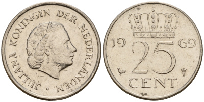 Нидерланды 25 центов 1969 Юлиана (1949-1980) HAAN KM 183 никель    4598-437