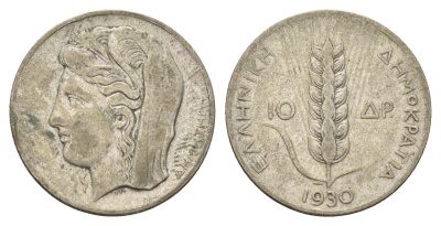 Греция 10 драхм 1930 год-тип, Деметра KM 72 серебро 4670-323