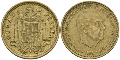 Испания 1 песета 1966 (73) Франсиско Франко (1939-1975) KM 796 алюминиевая бронза 4604-412