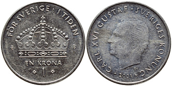 Швеция 1 крона 2001 Карл XVI Густав (1973- ) KM 894 медно-никель 4364-546