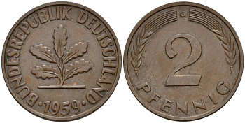 ФРГ 2 пфеннига 1959 G J.381  KM 106 бронза    4598-652