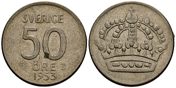 Швеция 50 эре 1953 Густав VI Адольф (1950-1973) KM 825 серебро 4177-933