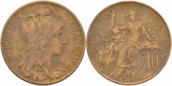 ФРАНЦИЯ 10 САНТИМОВ 1914 ТИП ДАНИЭЛЬ ДЮПЮИ KM 843, LA FRANC 136.24 бронза 109-341