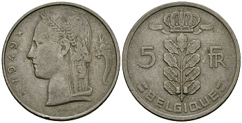 Бельгия 5 франков 1949 Леопольд III (1934-1950), Belgique KM 134.1 медно-никель 4172-543
