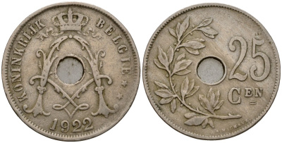 Бельгия 25 сантимов 1922 Belgie, Альберт I (1909-1934) KM 69 медно-никель 33-1137