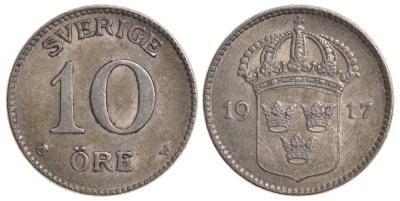 Швеция 10 эре 1917 W, Густав V (1907-1950) KM 780 серебро 4179-556