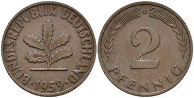 ФРГ 2 пфеннига 1959 G J.381  KM 106 бронза    4598-652