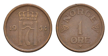 Норвегия 1 эре 1954 Хокон VII (1905-1957) KM 398 бронза 4632-1065