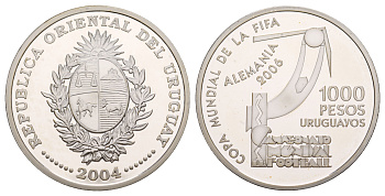 Уругвай 1000 песо 2004 Чемпионат мира по футболу 2006 KM 123 серебро PROOF 11-078-21