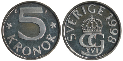 Швеция 5 крон 1998 B, Карл XVI Густав (1973- ) KM 853a медно-никель PROOFLIKE 4680-436